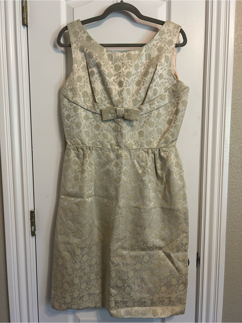 60s Floral Jacquard Cream Sheath Dress with Bow